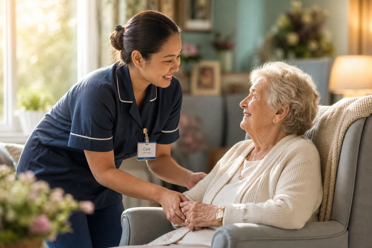 Filipino aged-care worker warmly assisting an elderly Australian resident in a sunlit care home