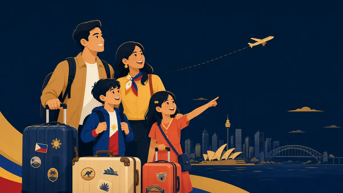 A warm Sydney skyline at golden hour representing a Filipino family planning their move to Australia together