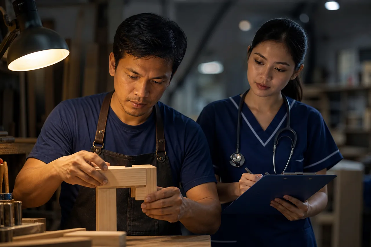 A Filipino carpenter inspecting a timber joint in a workshop while a Filipina nurse reviews a checklist nearby