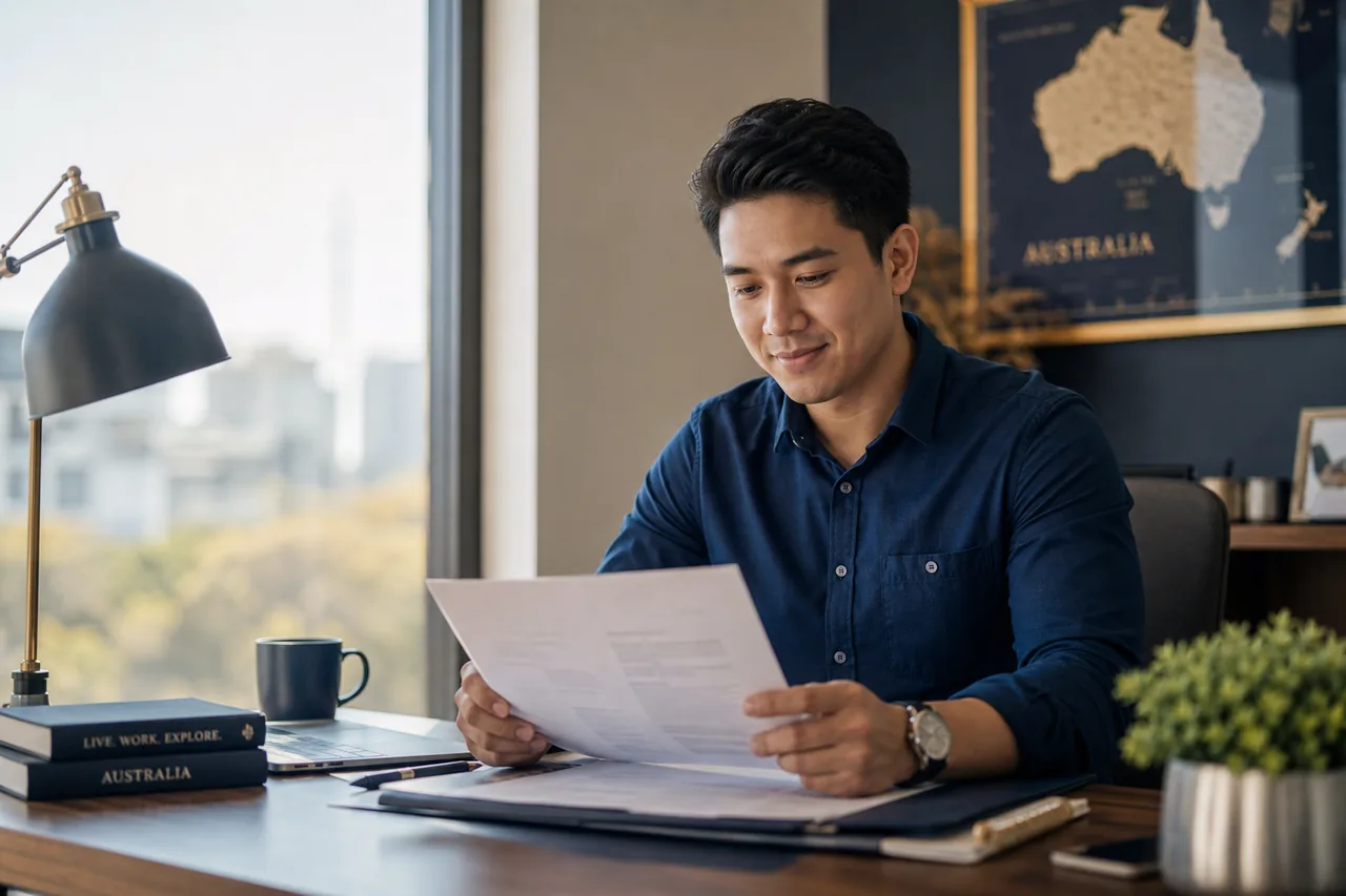A confident Filipino professional reviewing visa documents at a home desk near a window in soft morning light