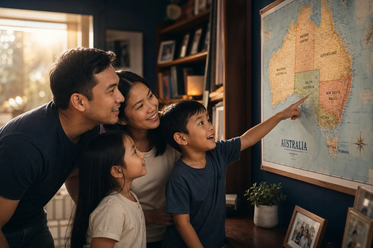 A Filipino family studying a large map of Australian states pinned to a wall in warm light, a child pointing at a region