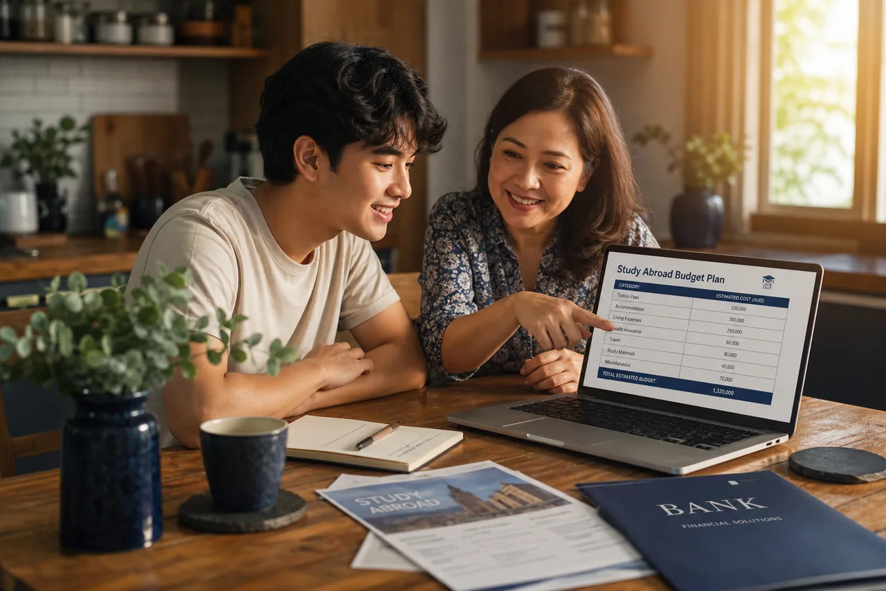 A hopeful Filipino student and parent reviewing a study-abroad budget at a kitchen table with a laptop and bank documents in warm morning light