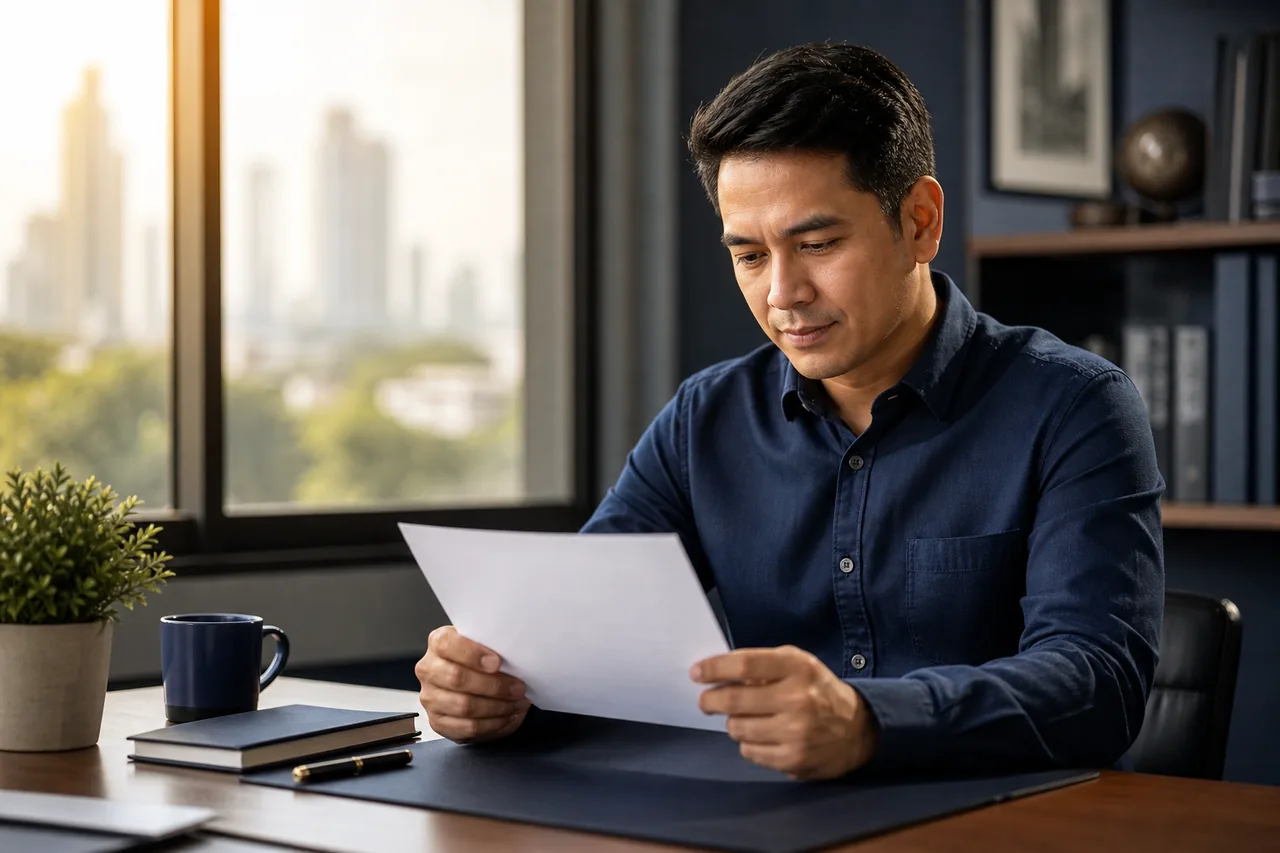A Filipino visa holder reviewing an Australian visa grant letter and checking conditions on a laptop at a tidy desk