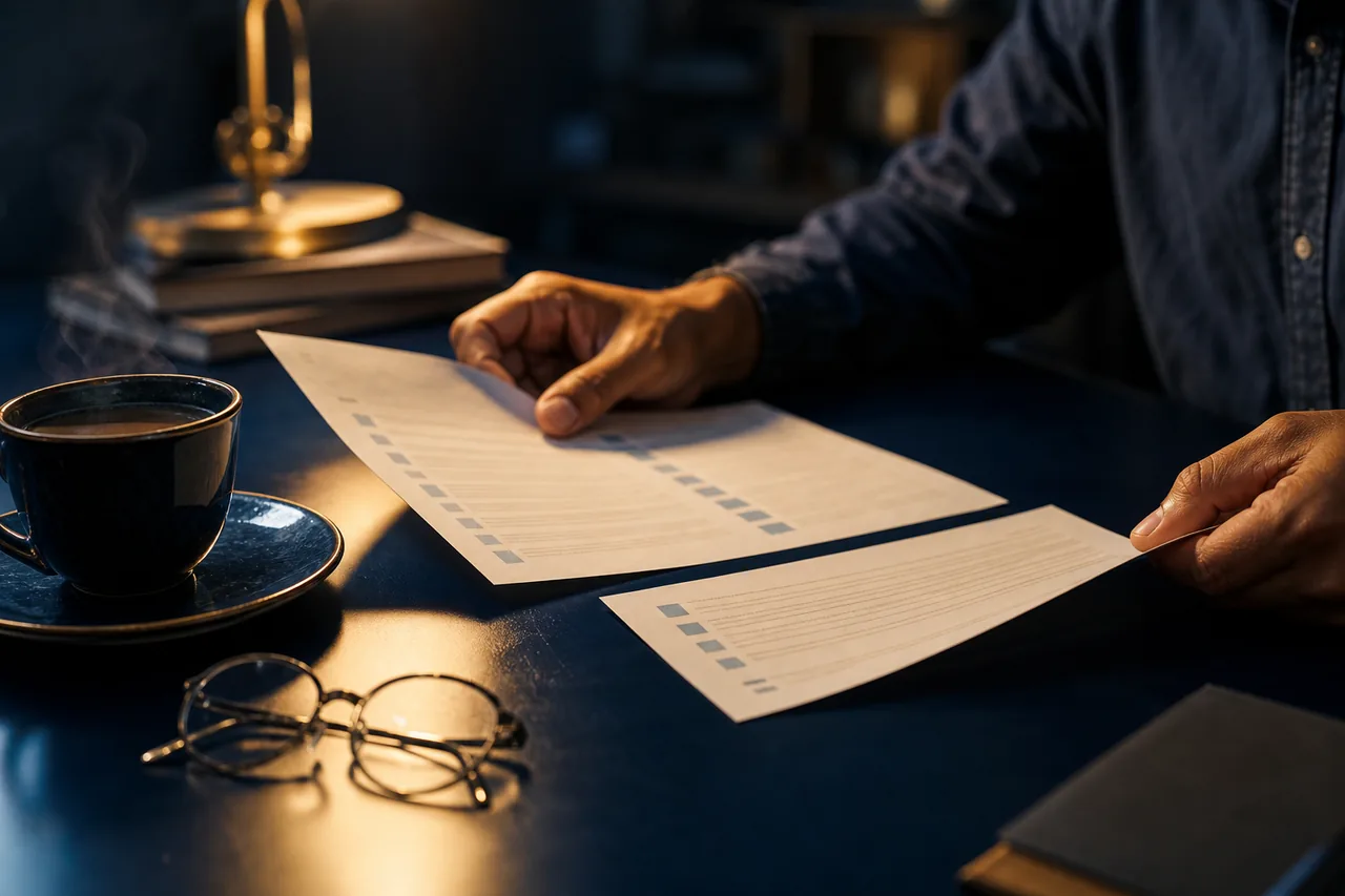 A Filipino jobseeker's hands comparing two printed Australian occupation lists on a navy desk with reading glasses and coffee
