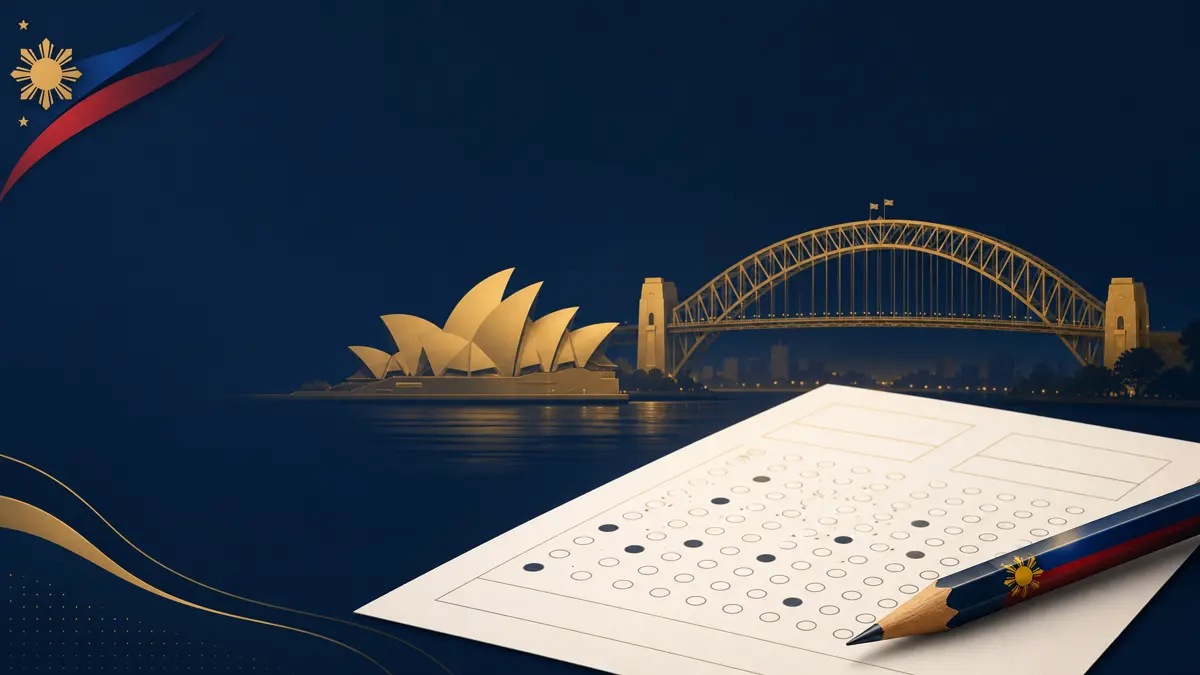 Sydney skyline at golden hour symbolising the Australian visa pathway Filipinos prepare English tests for
