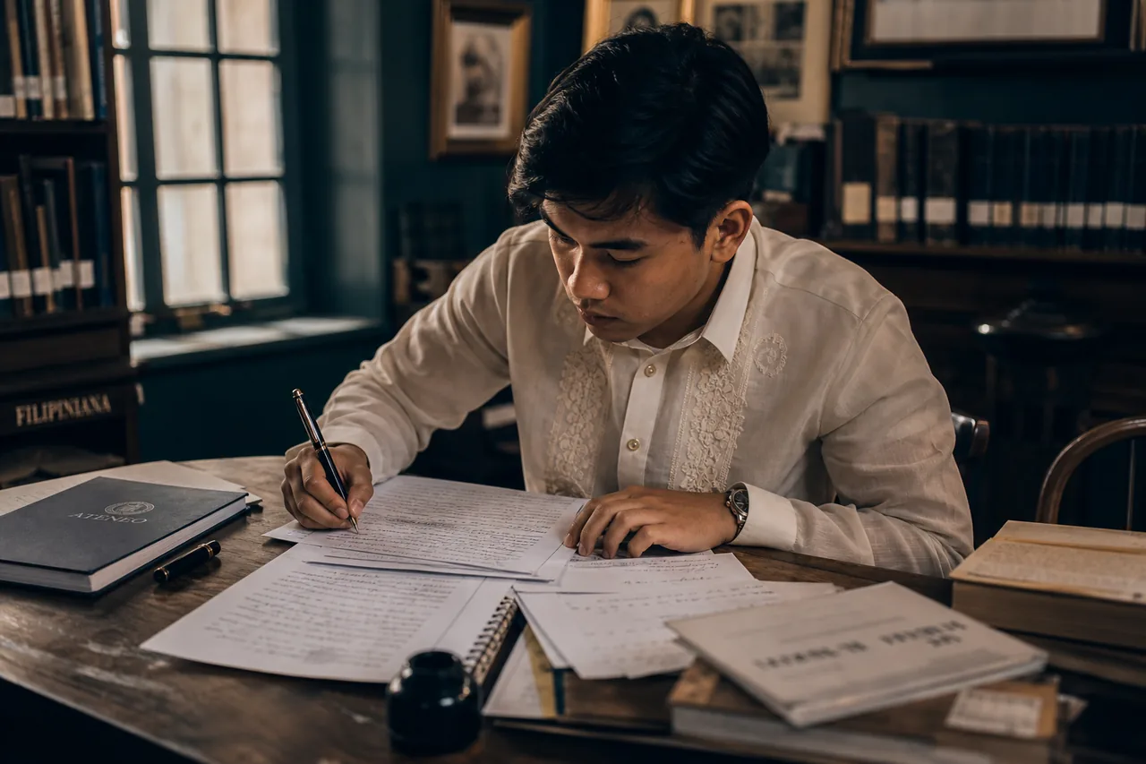 A thoughtful Filipino student writing a personal statement by hand at a quiet library desk