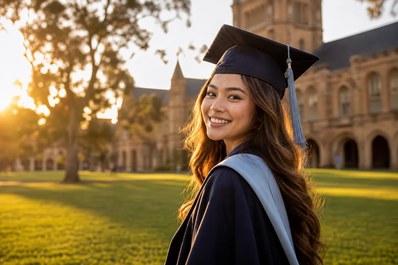 A proud Filipino graduate in cap and gown on an Australian campus lawn at golden hour
