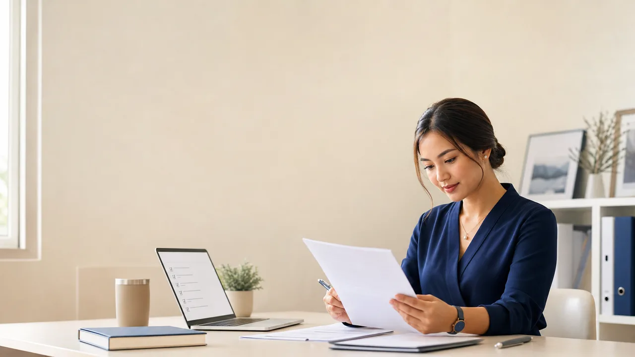A Filipino professional preparing a skilled migration application for Australia with documents and a laptop