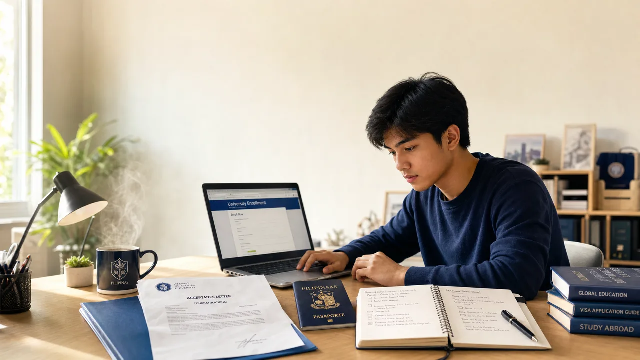 A Filipino student preparing an Australian student visa application at a desk with a laptop and documents