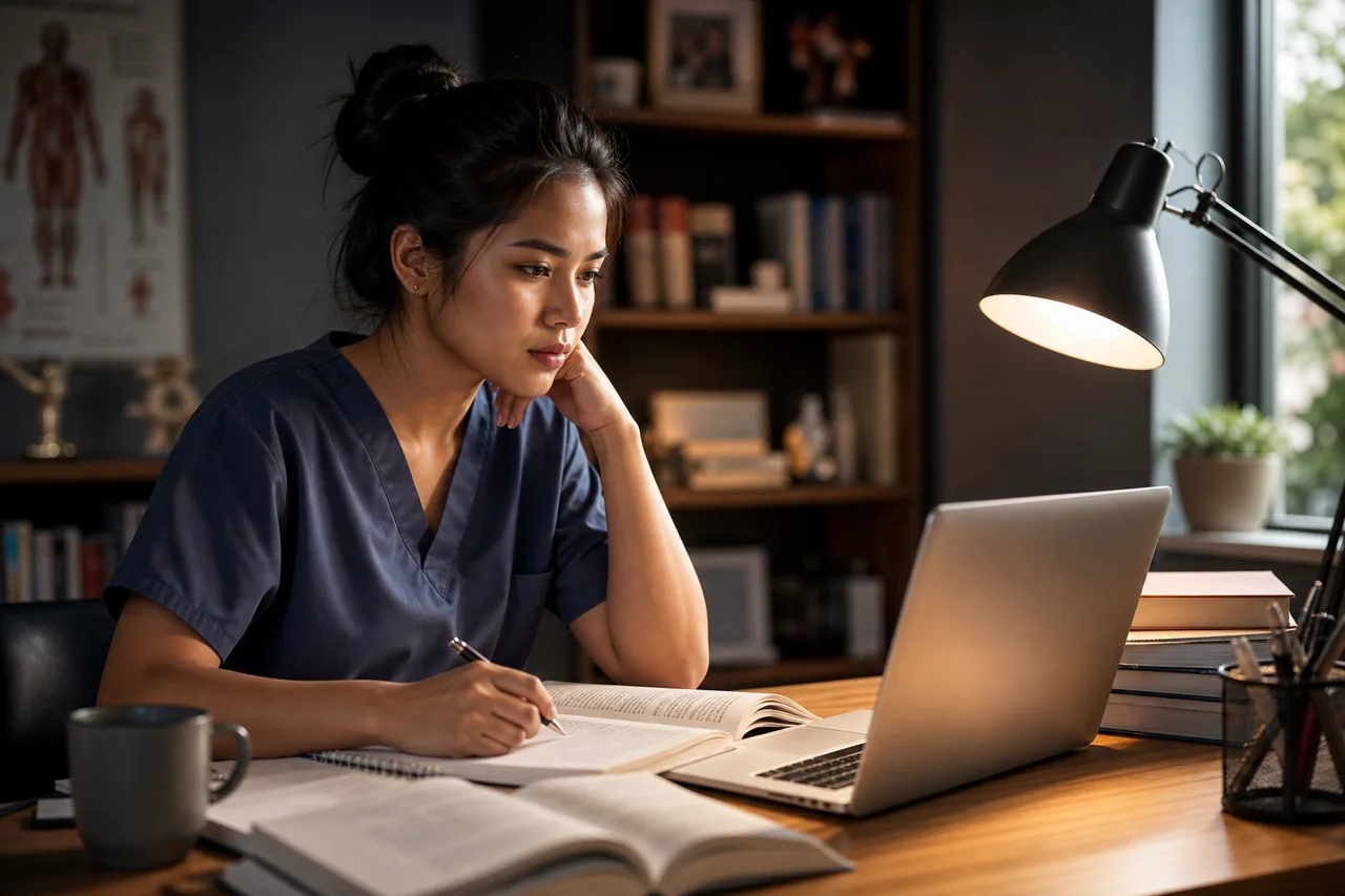 A Filipina registered nurse studying with a laptop and textbooks in a calm, well-lit room, preparing for her Australian registration exams