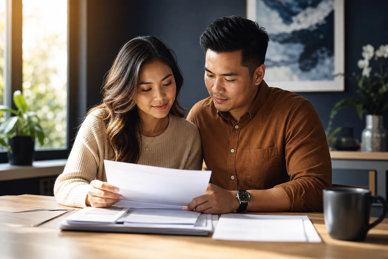 A Filipino-Australian couple reviewing partner visa paperwork together at a sunlit table