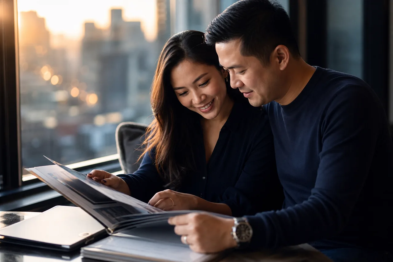 An engaged Filipino-Australian couple reviewing travel and document folders together near a window with a soft city view