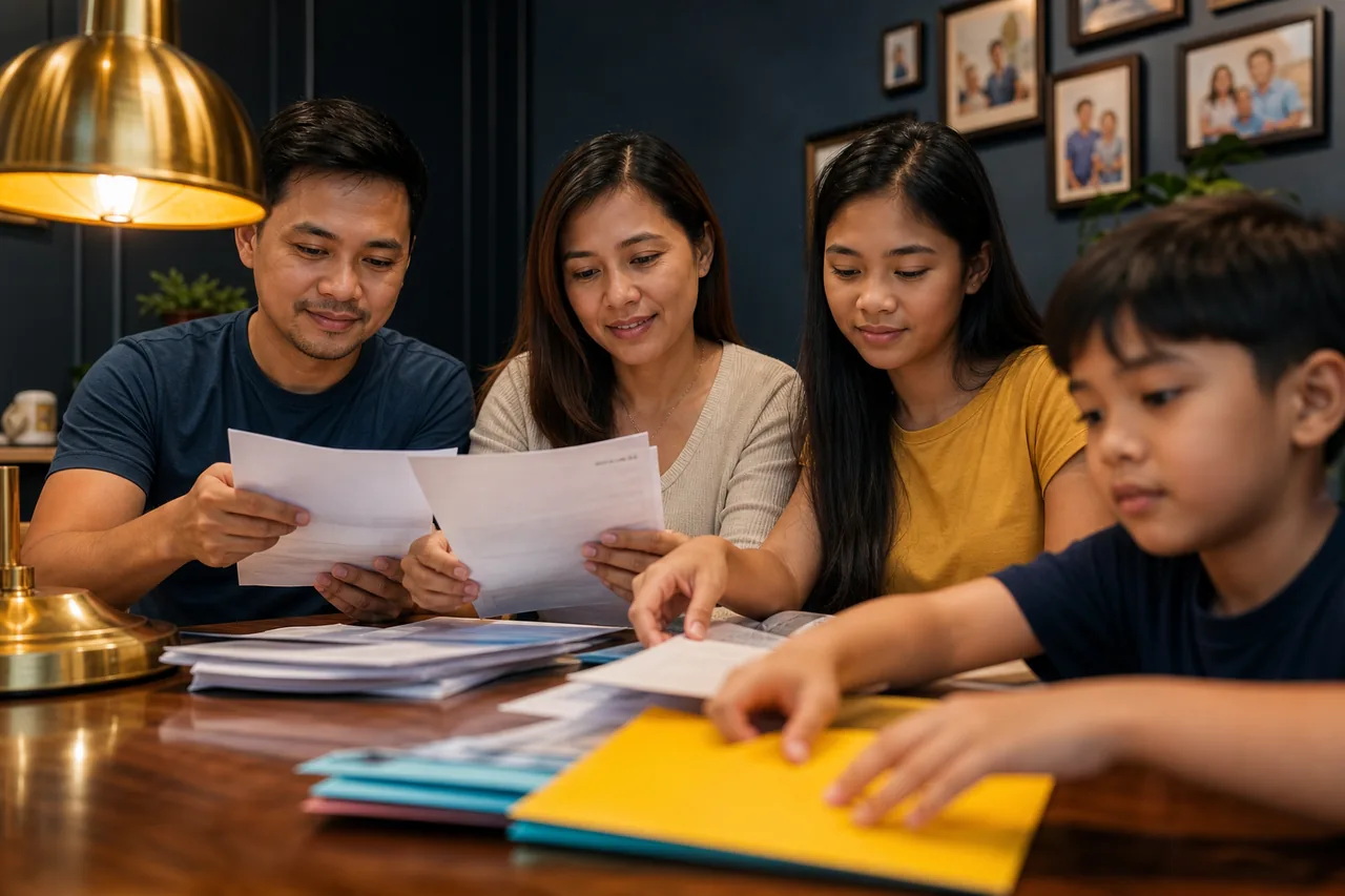 A Filipino family organising bank statements and savings documents at home, preparing show-money proof for an Australian student visa