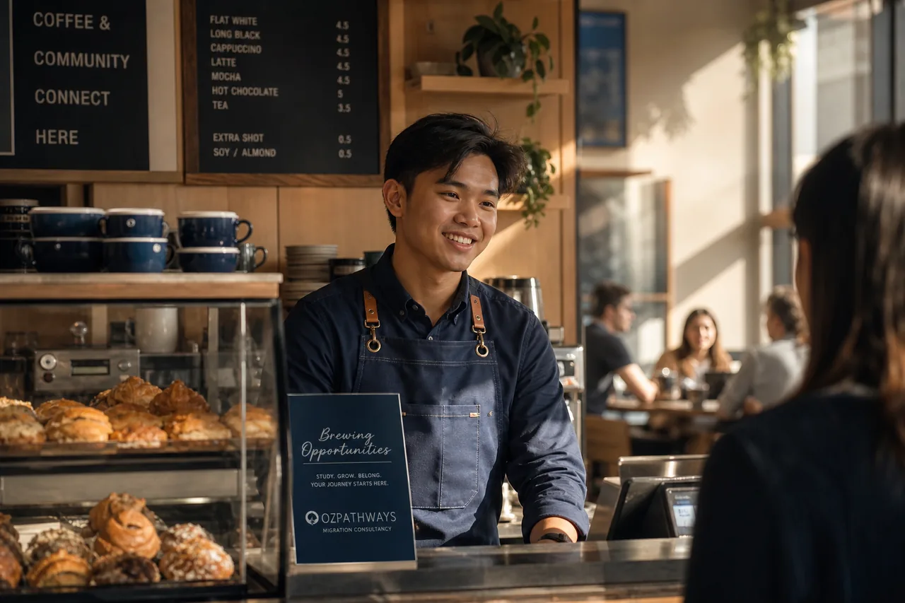 A Filipino international student working a friendly shift at a clean cafe counter in Australia in warm afternoon light