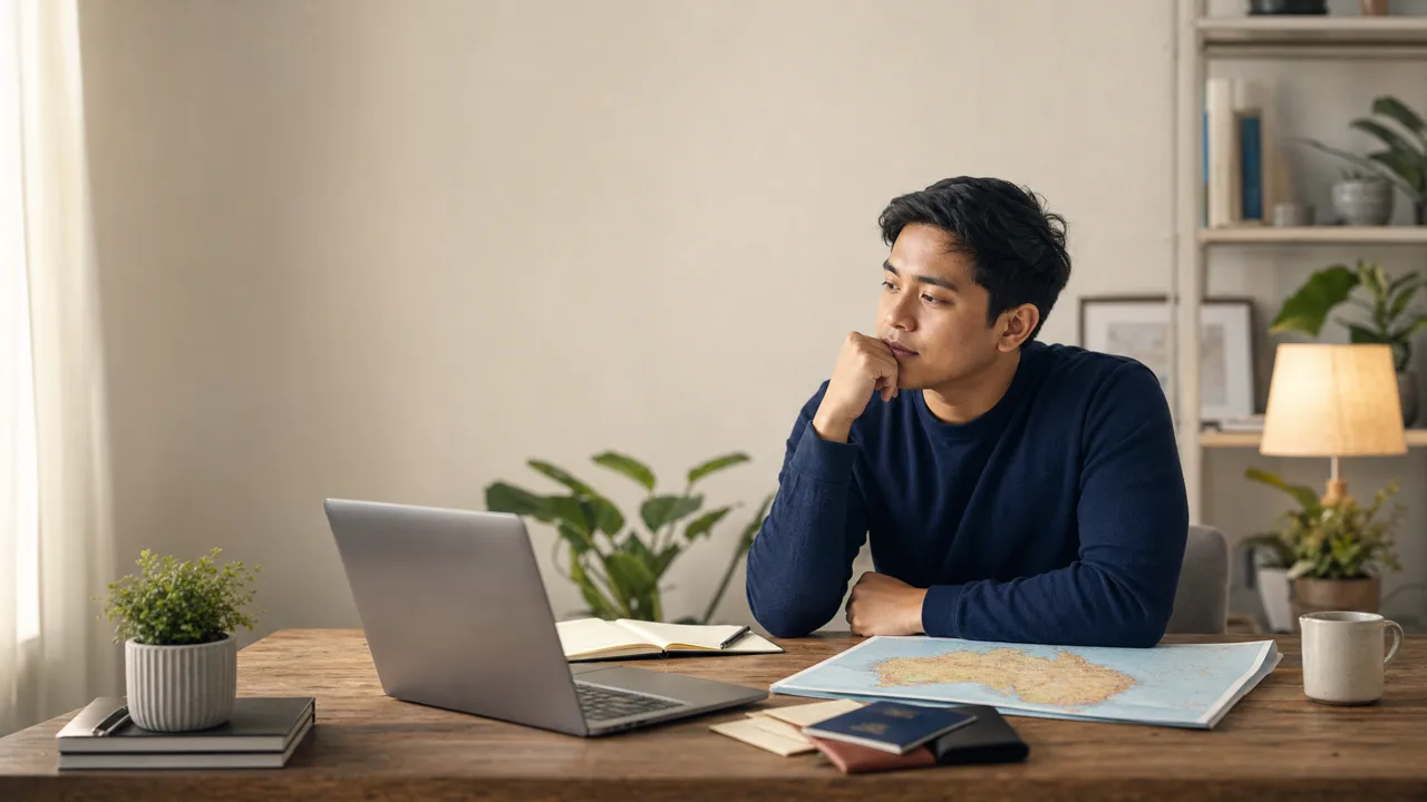 A Filipino adult at a home desk with a laptop, a map of Australia and a passport, deciding which Australian visa pathway to take